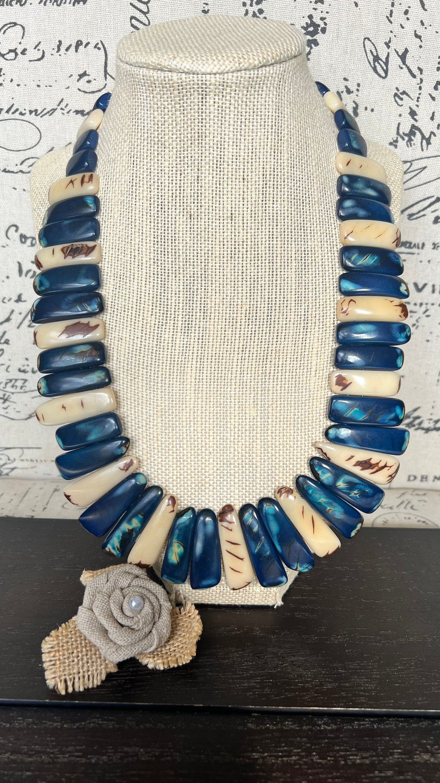Blue and ivory statement spiked Tagua necklace Spring fashion Beach style Adjustable lightweight beaded necklace Tribal ethnic Mother’s Day