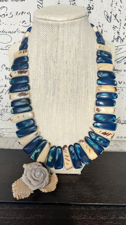 Blue and ivory statement spiked Tagua necklace Spring fashion Beach style Adjustable lightweight beaded necklace Tribal ethnic Mother’s Day