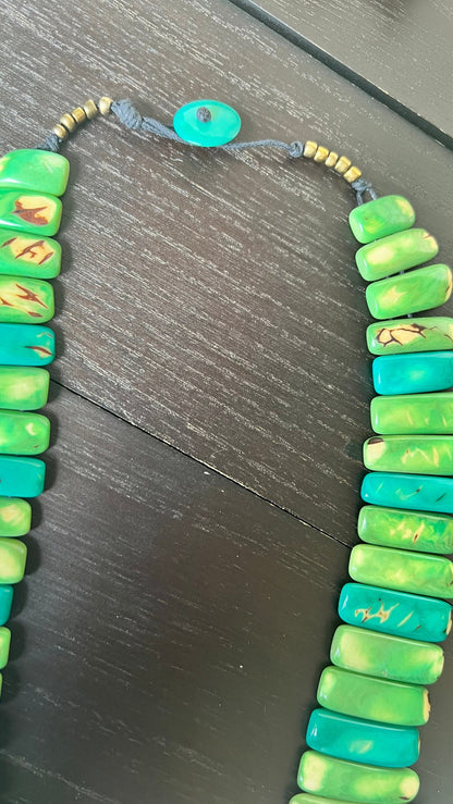 Green and turquoise statement spiked Tagua necklace Easter fashion Spring trends Adjustable lightweight beaded necklace Mother's day gifts