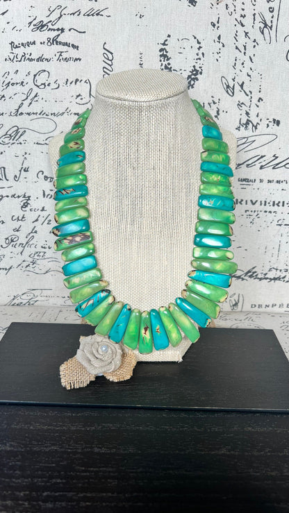 Green and turquoise statement spiked Tagua necklace Easter fashion Spring trends Adjustable lightweight beaded necklace Mother's day gifts