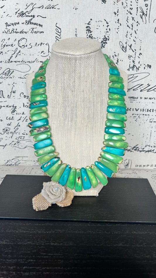 Green and turquoise statement spiked Tagua necklace Easter fashion Spring trends Adjustable lightweight beaded necklace Mother's day gifts