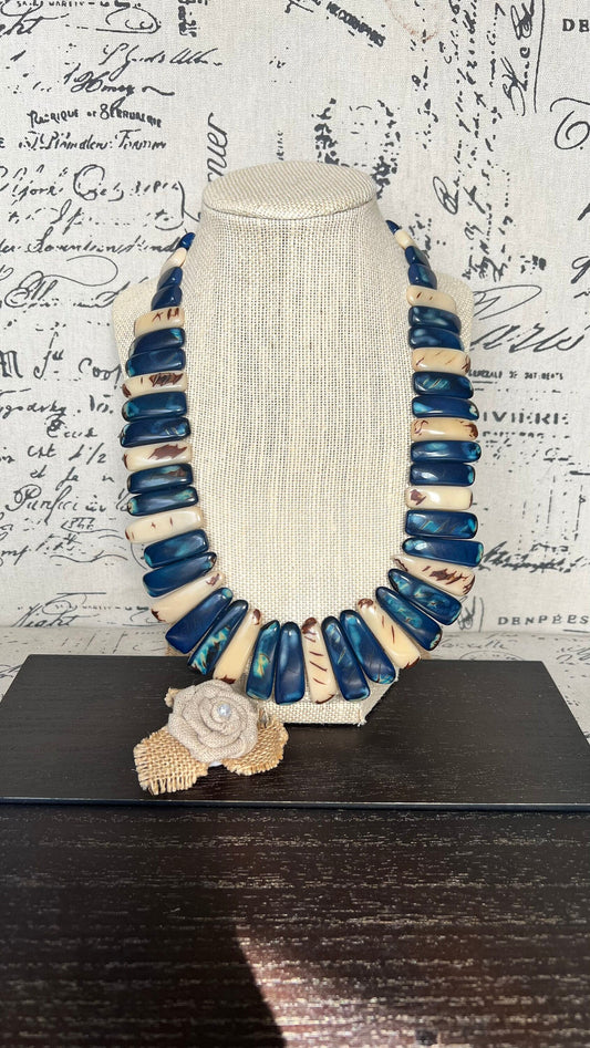 Blue and ivory statement spiked Tagua necklace Spring fashion Beach style Adjustable lightweight beaded necklace Tribal ethnic Mother’s Day