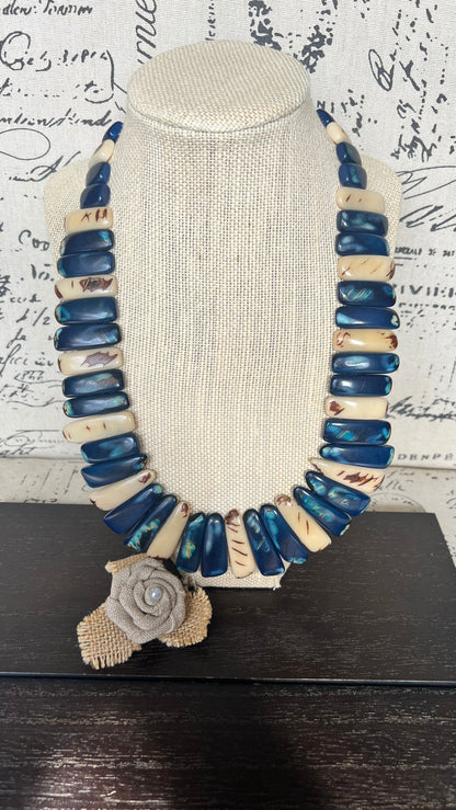 Blue and ivory statement spiked Tagua necklace Spring fashion Beach style Adjustable lightweight beaded necklace Tribal ethnic Mother’s Day