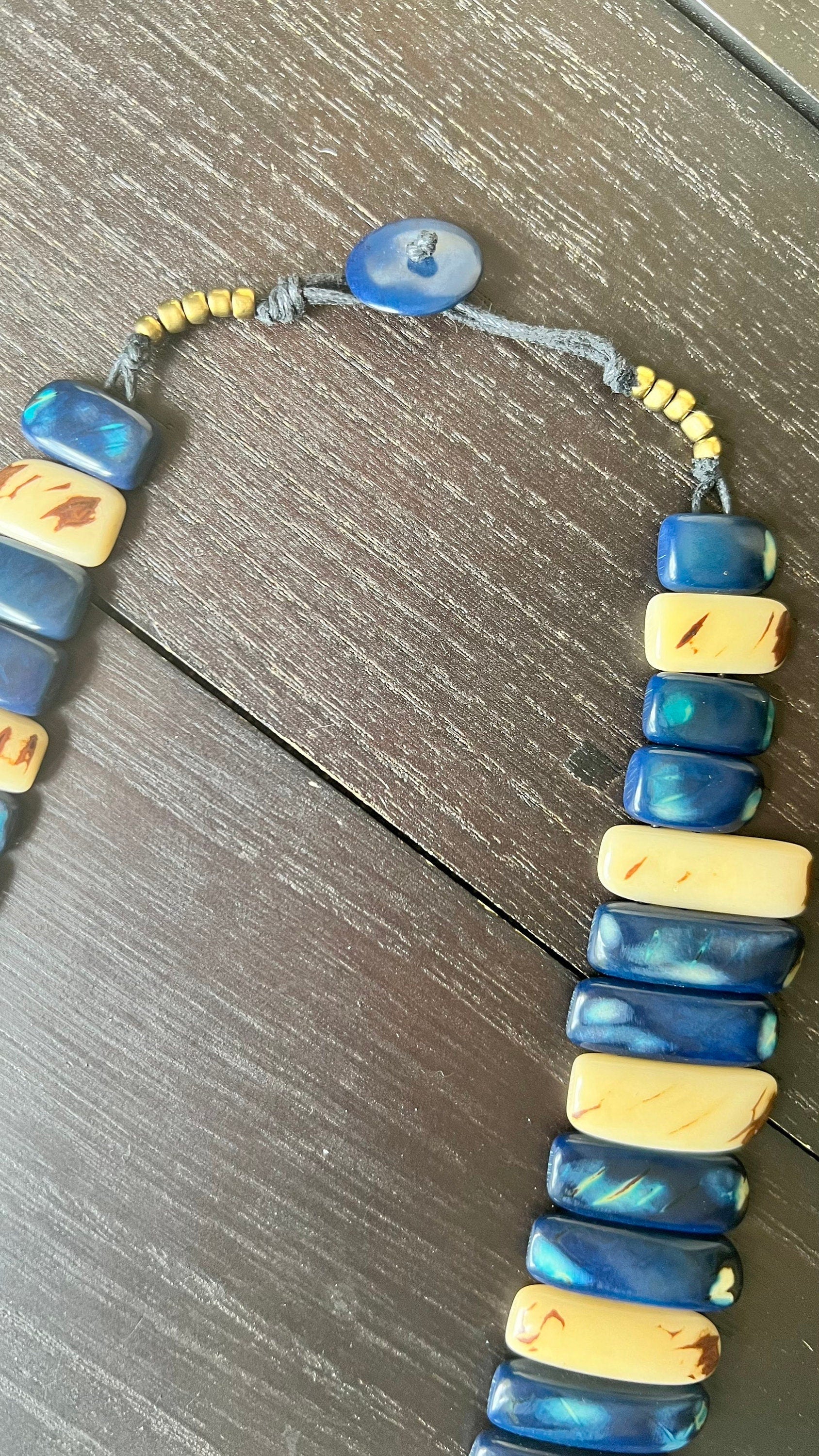 Blue and ivory statement spiked Tagua necklace Spring fashion Beach style Adjustable lightweight beaded necklace Tribal ethnic Mother’s Day