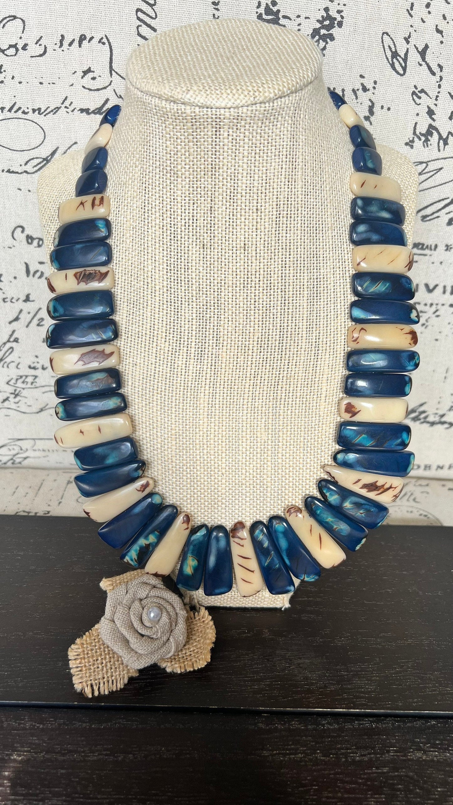 Blue and ivory statement spiked Tagua necklace Spring fashion Beach style Adjustable lightweight beaded necklace Tribal ethnic Mother’s Day