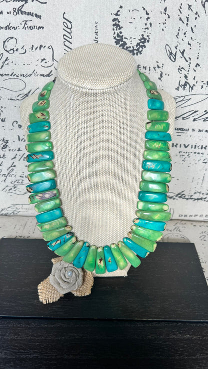 Green and turquoise statement spiked Tagua necklace Easter fashion Spring trends Adjustable lightweight beaded necklace Mother's day gifts