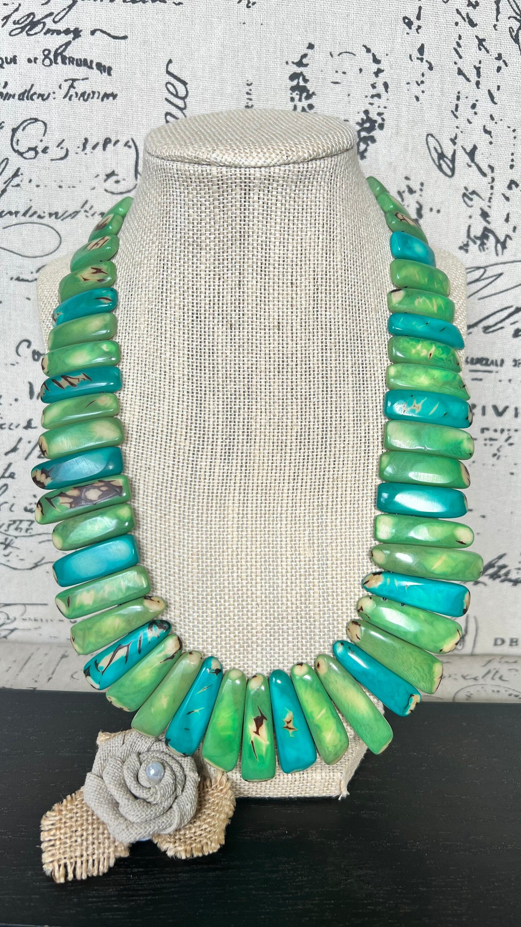 Green and turquoise statement spiked Tagua necklace Easter fashion Spring trends Adjustable lightweight beaded necklace Mother's day gifts