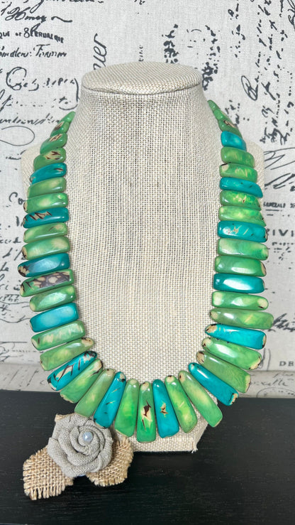 Green and turquoise statement spiked Tagua necklace Easter fashion Spring trends Adjustable lightweight beaded necklace Mother's day gifts