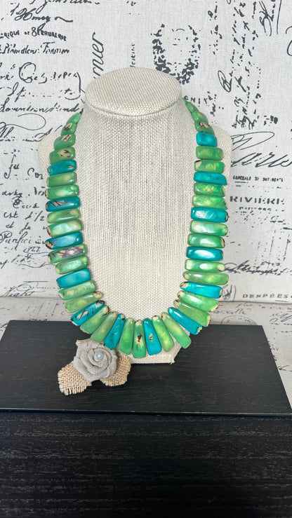 Green and turquoise statement spiked Tagua necklace Easter fashion Spring trends Adjustable lightweight beaded necklace Mother's day gifts