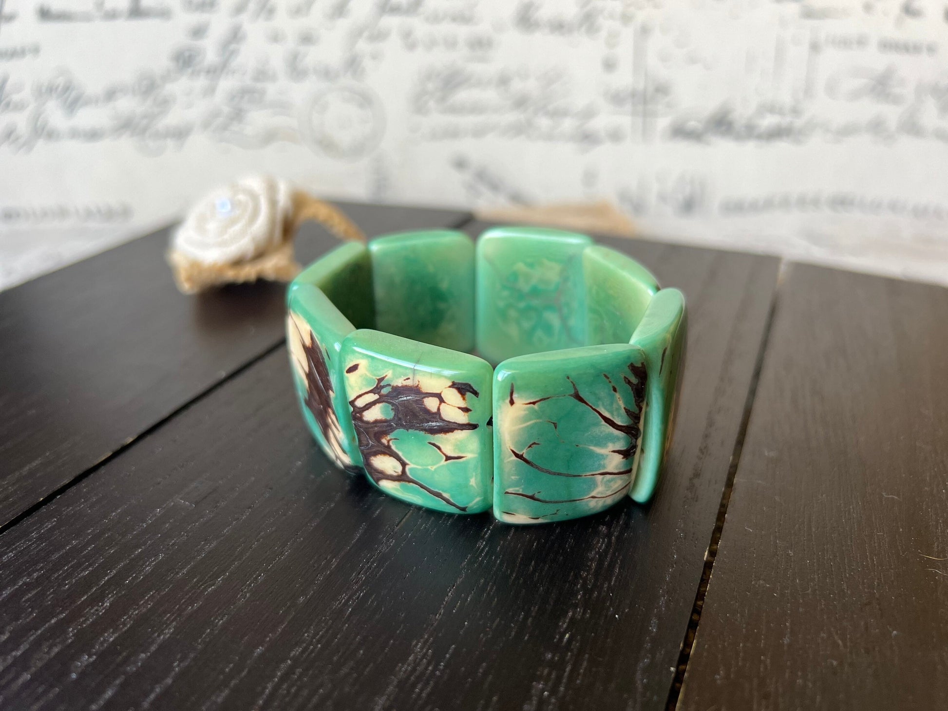 Tagua bracelet Green wide cuff bangle Beaded stretch bangle Geometric bangle Big oversized bangle Summer fashion trends Mother's day gifts