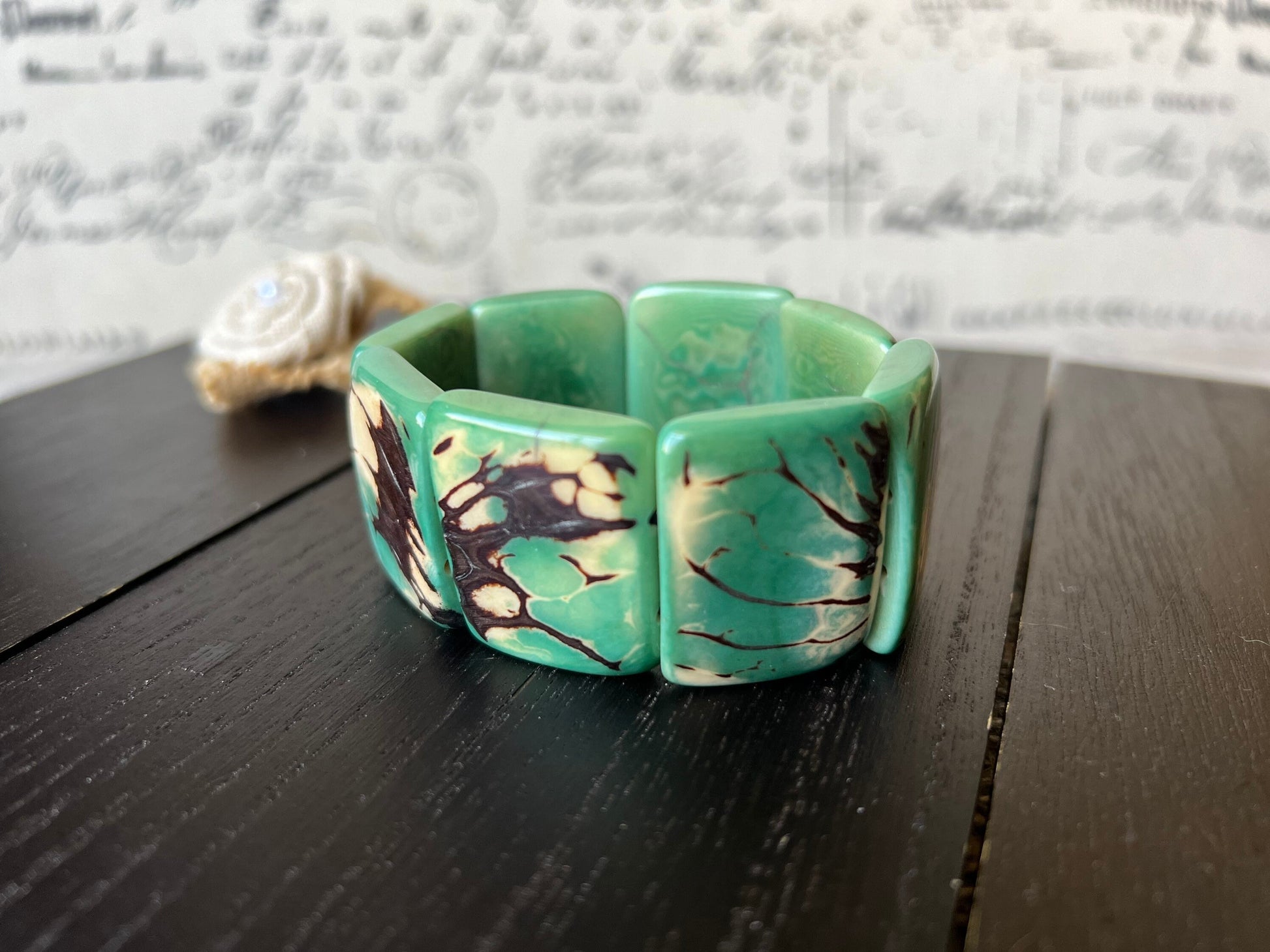 Tagua bracelet Green wide cuff bangle Beaded stretch bangle Geometric bangle Big oversized bangle Summer fashion trends Mother's day gifts