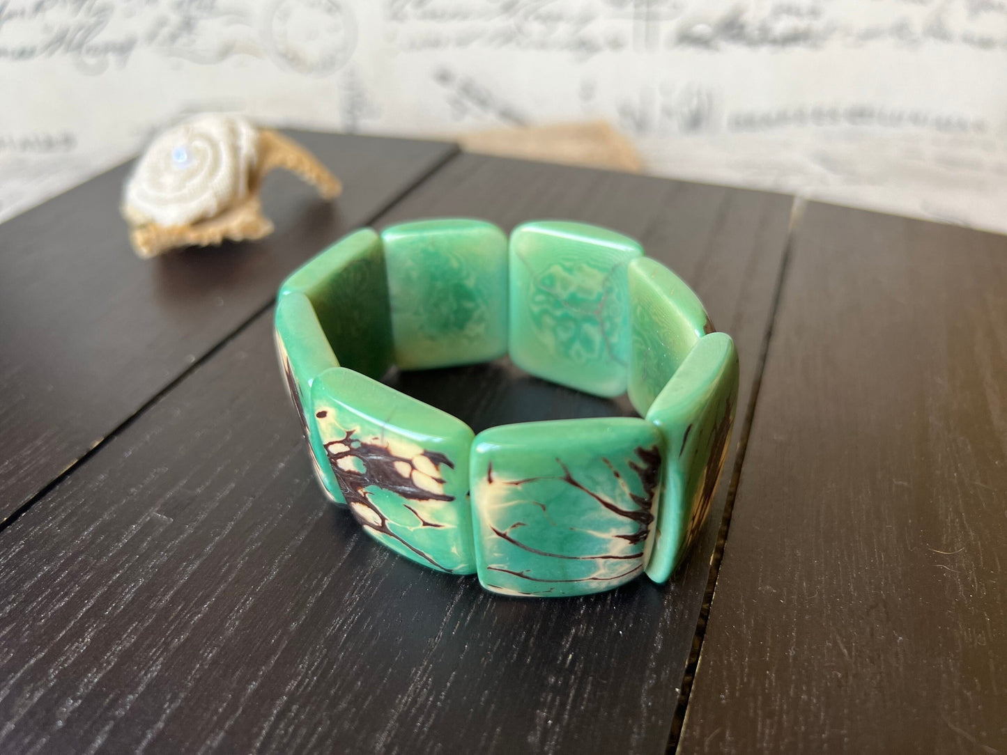 Tagua bracelet Green wide cuff bangle Beaded stretch bangle Geometric bangle Big oversized bangle Summer fashion trends Mother's day gifts