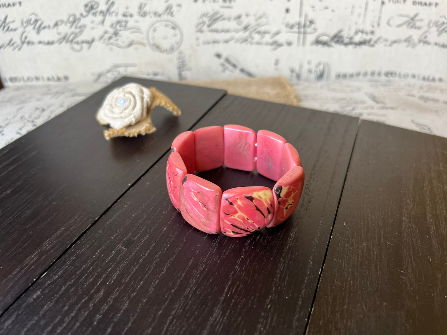 Pink Tagua bracelet Wide cuff bangle Beaded stretch bangle Geometric bangle Organic Big oversized bracelet Anniversary gifts Spring fashion