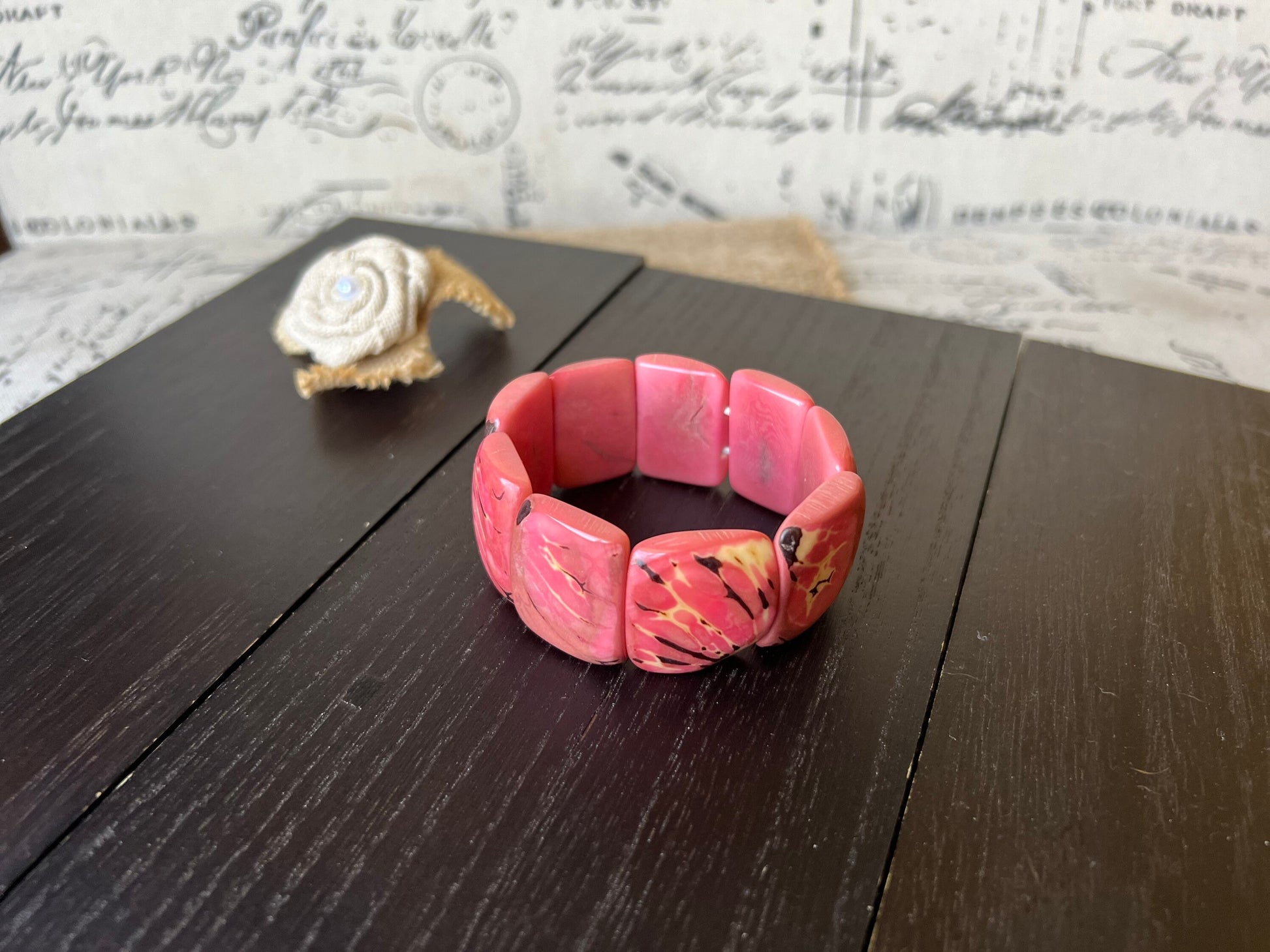 Pink Tagua bracelet Wide cuff bangle Beaded stretch bangle Geometric bangle Organic Big oversized bracelet Anniversary gifts Spring fashion