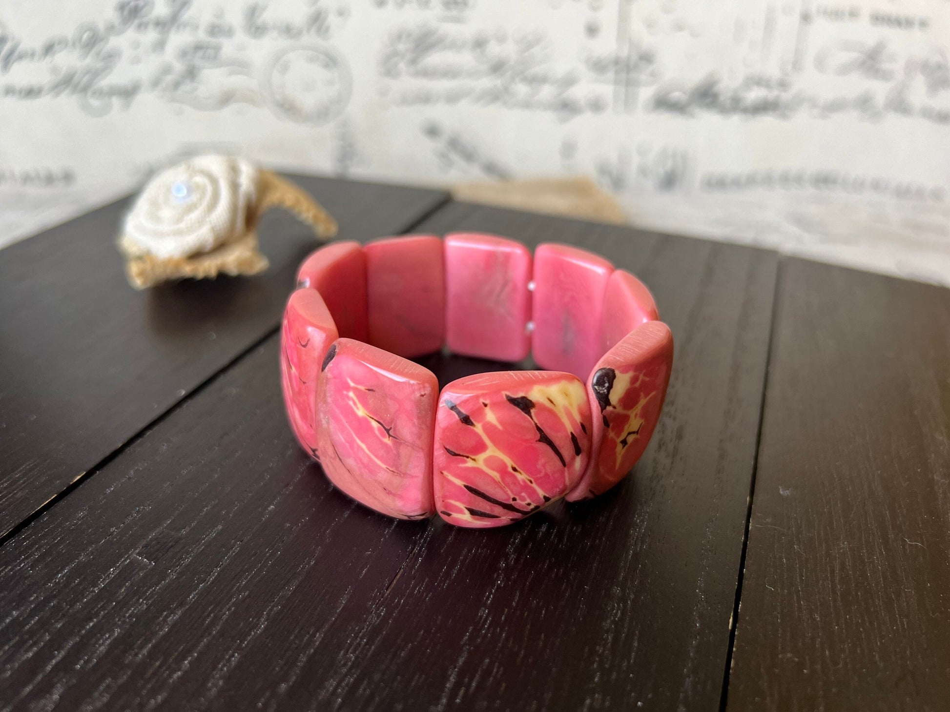 Pink Tagua bracelet Wide cuff bangle Beaded stretch bangle Geometric bangle Organic Big oversized bracelet Anniversary gifts Spring fashion