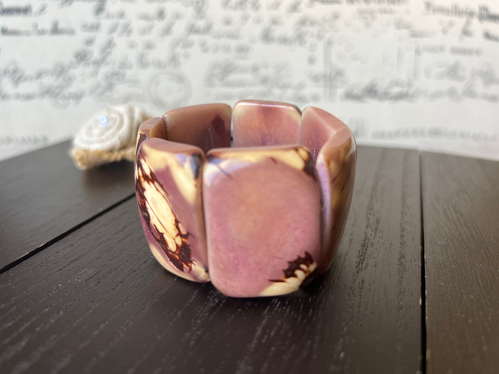 Tagua bracelet Light purple wide cuff bangle Beaded stretch bangle Geometric bangle Big oversized bracelet Anniversary gifts spring fashion
