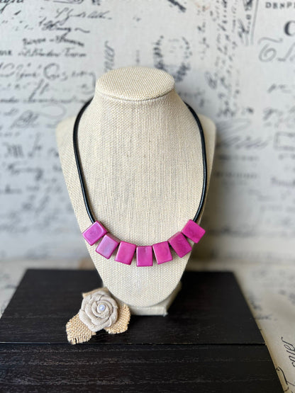 Mothers day gift from daughter Purple magenta necklace Tagua Statement choker Round faux leather cord with magnetic clasp Spring jewelry