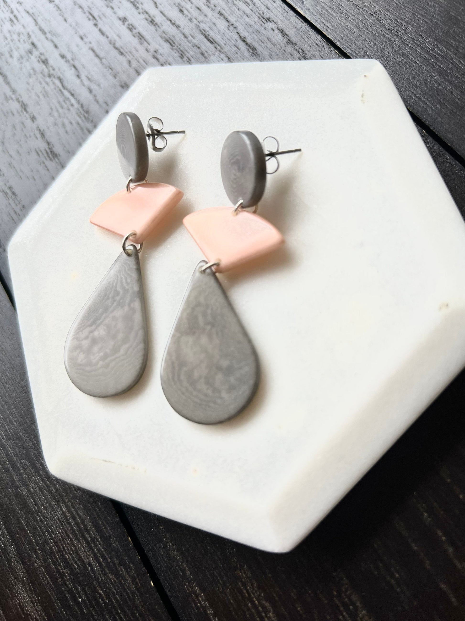 Peach and gray modern earrings Mother's day gifts Tagua jewelry Statement beaded dangle and drop earrings Geometric drops Summer fashion