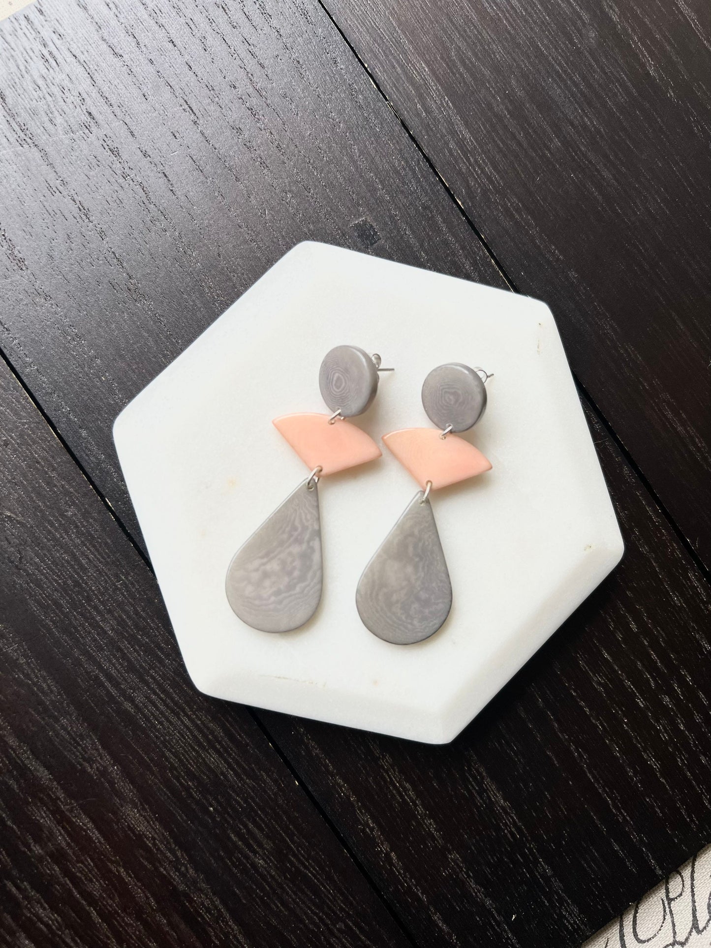 Peach and gray modern earrings Mother's day gifts Tagua jewelry Statement beaded dangle and drop earrings Geometric drops Summer fashion