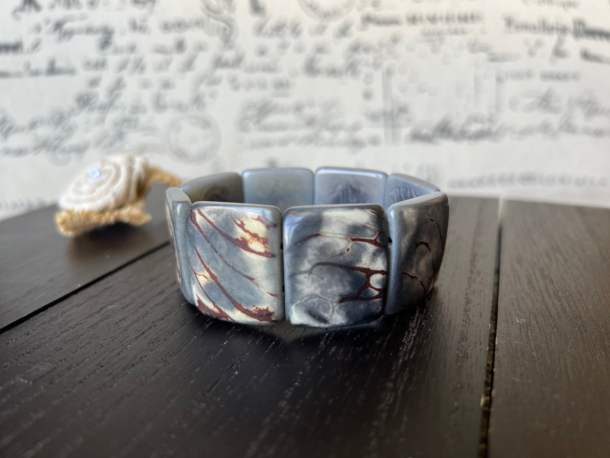 Gray tagua bracelet Beaded stretch bangle Ethnic adjustable bracelet Geometric square bead Huge beaded bangle Fall fashion trends Organic