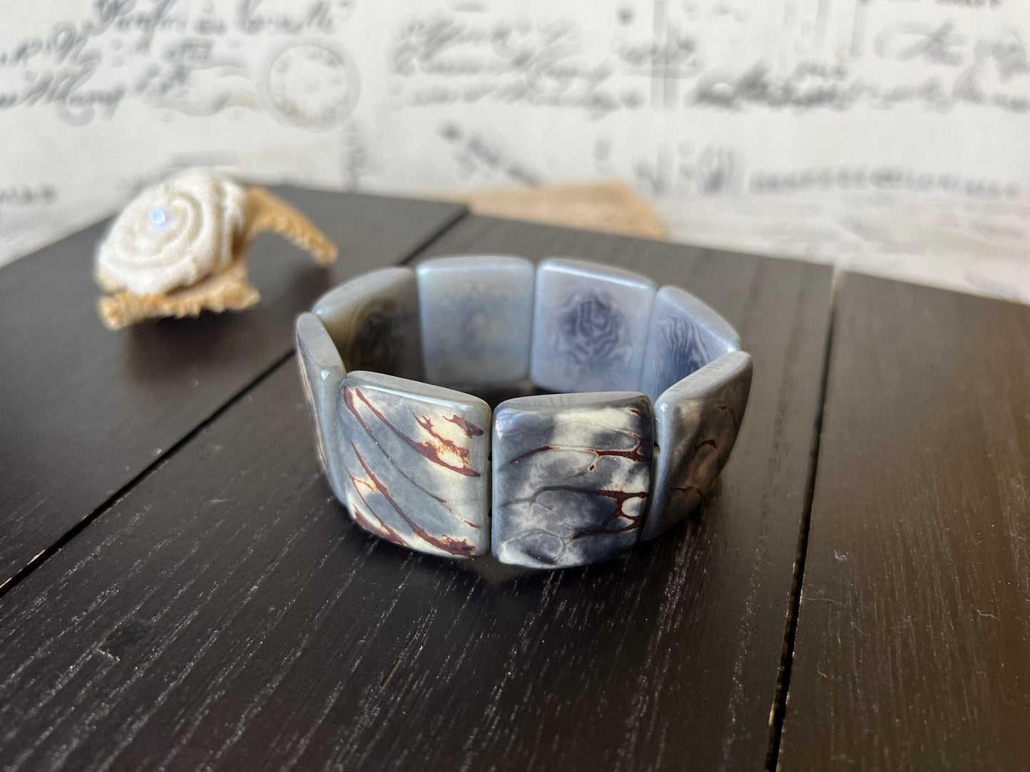 Gray tagua bracelet Beaded stretch bangle Ethnic adjustable bracelet Geometric square bead Huge beaded bangle Fall fashion trends Organic