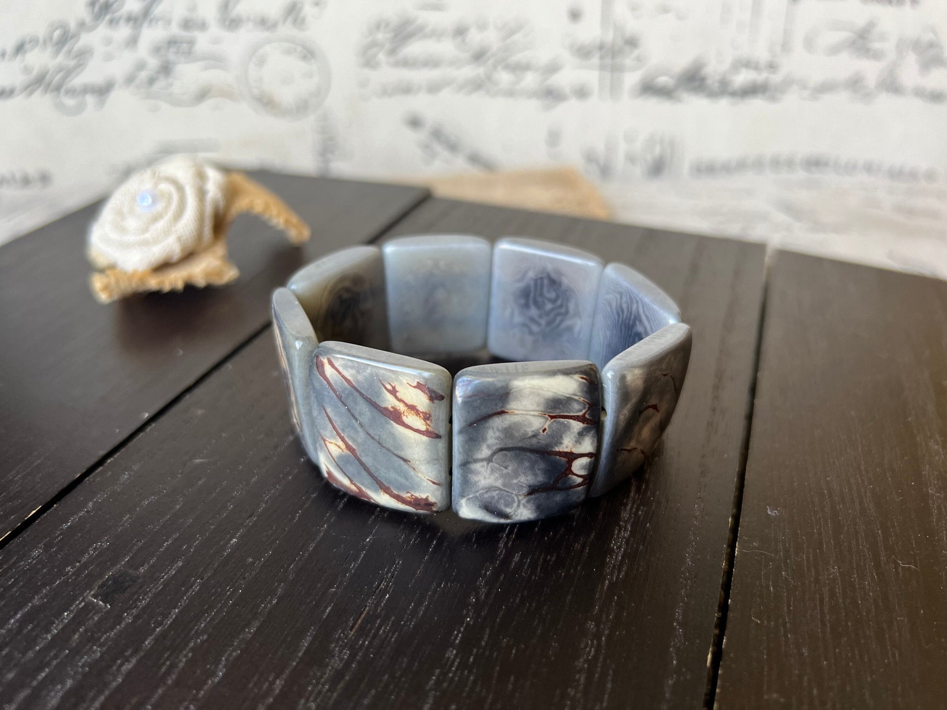 Gray tagua bracelet Beaded stretch bangle Ethnic adjustable bracelet Geometric square bead Huge beaded bangle Fall fashion trends Organic