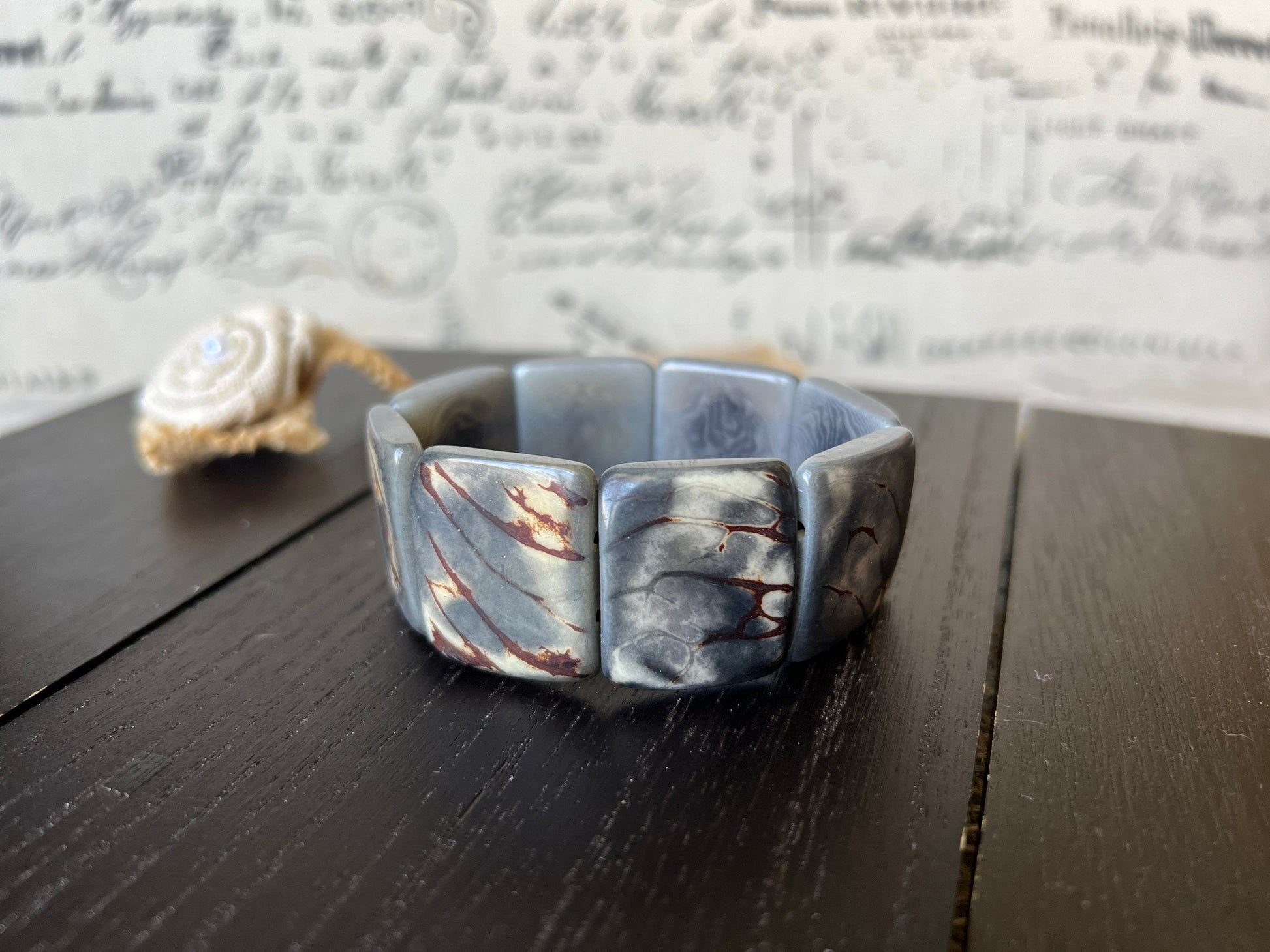 Gray tagua bracelet Beaded stretch bangle Ethnic adjustable bracelet Geometric square bead Huge beaded bangle Fall fashion trends Organic