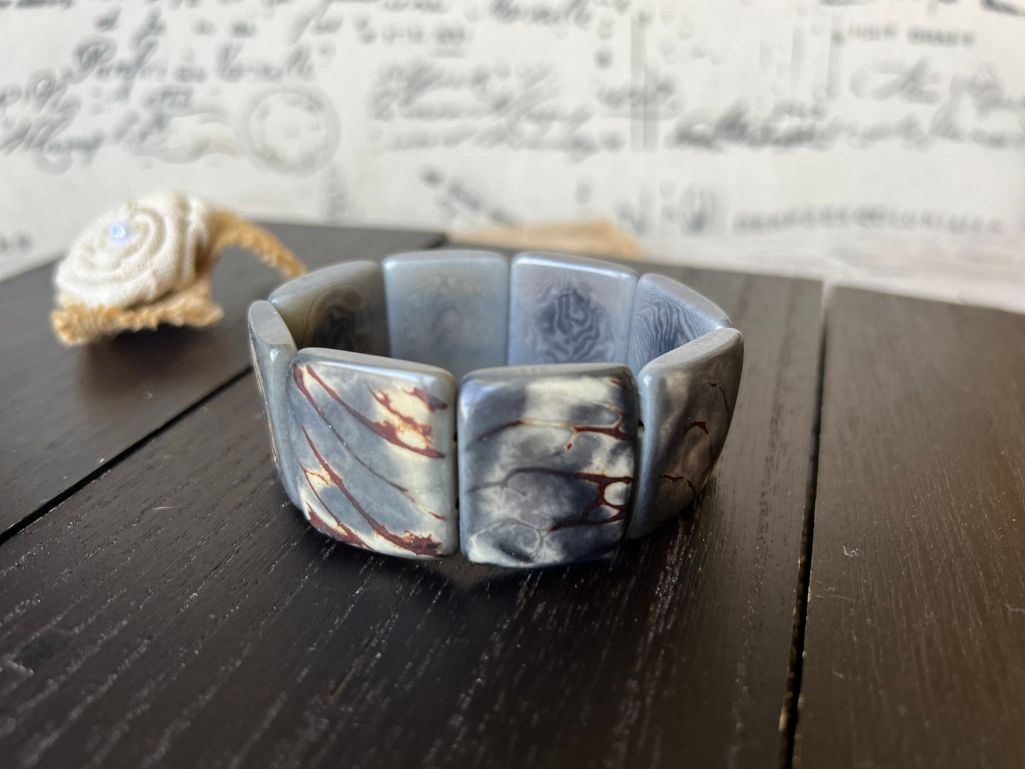 Gray tagua bracelet Beaded stretch bangle Ethnic adjustable bracelet Geometric square bead Huge beaded bangle Fall fashion trends Organic