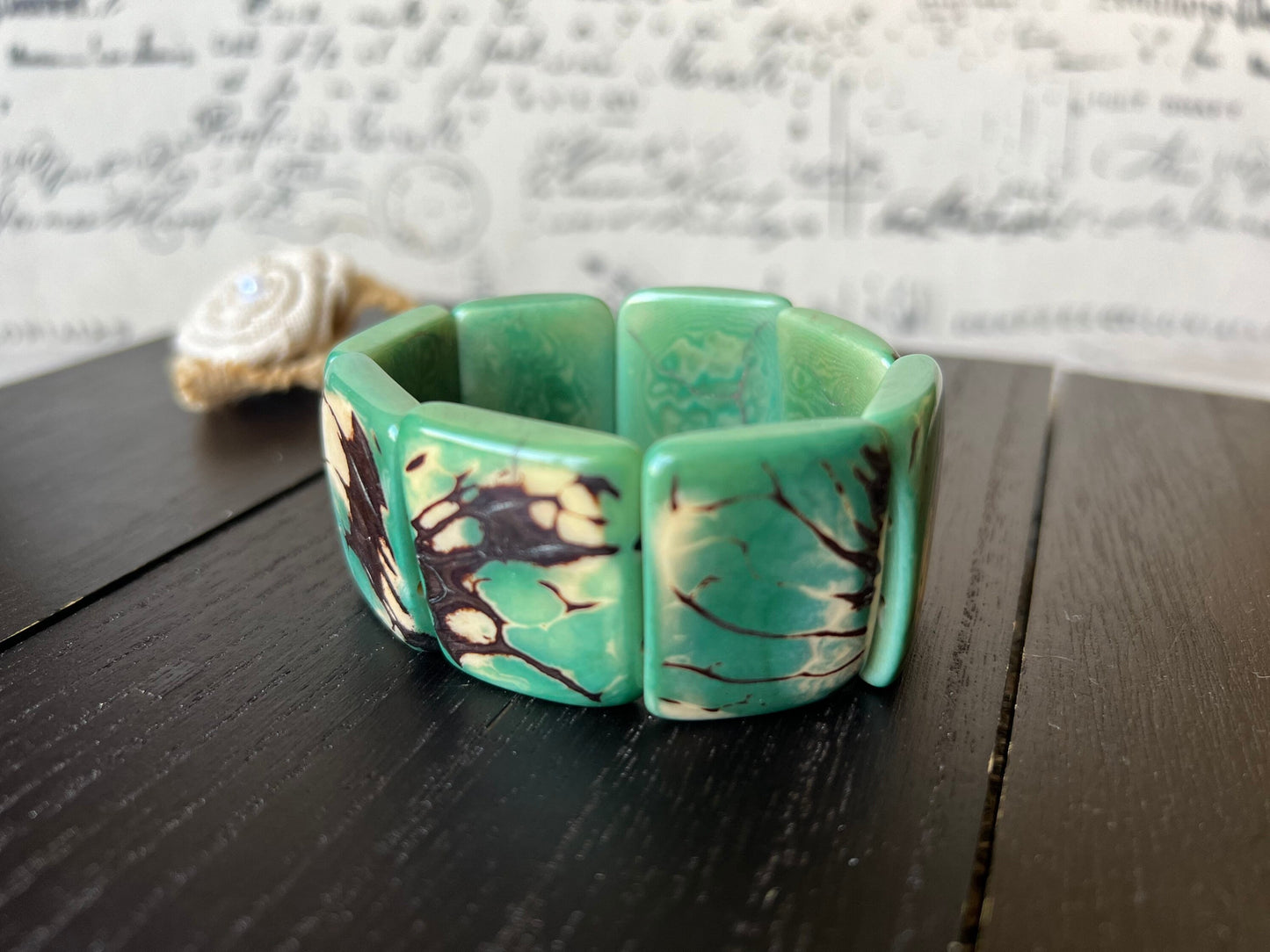 Tagua bracelet Green wide cuff bangle Beaded stretch bangle Geometric bangle Big oversized bangle Summer fashion trends Mother's day gifts