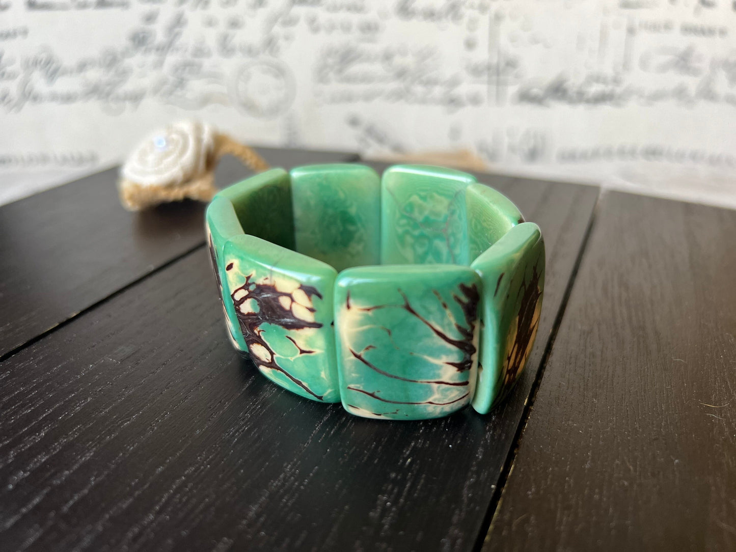 Tagua bracelet Green wide cuff bangle Beaded stretch bangle Geometric bangle Big oversized bangle Summer fashion trends Mother's day gifts