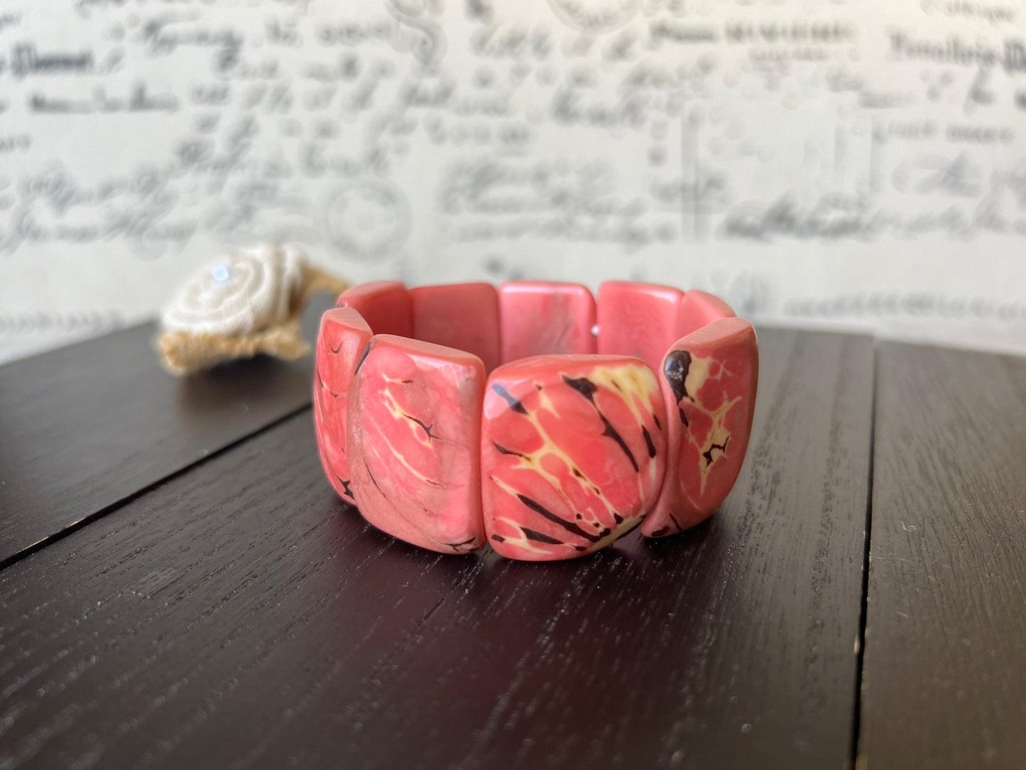 Pink Tagua bracelet Wide cuff bangle Beaded stretch bangle Geometric bangle Organic Big oversized bracelet Anniversary gifts Spring fashion