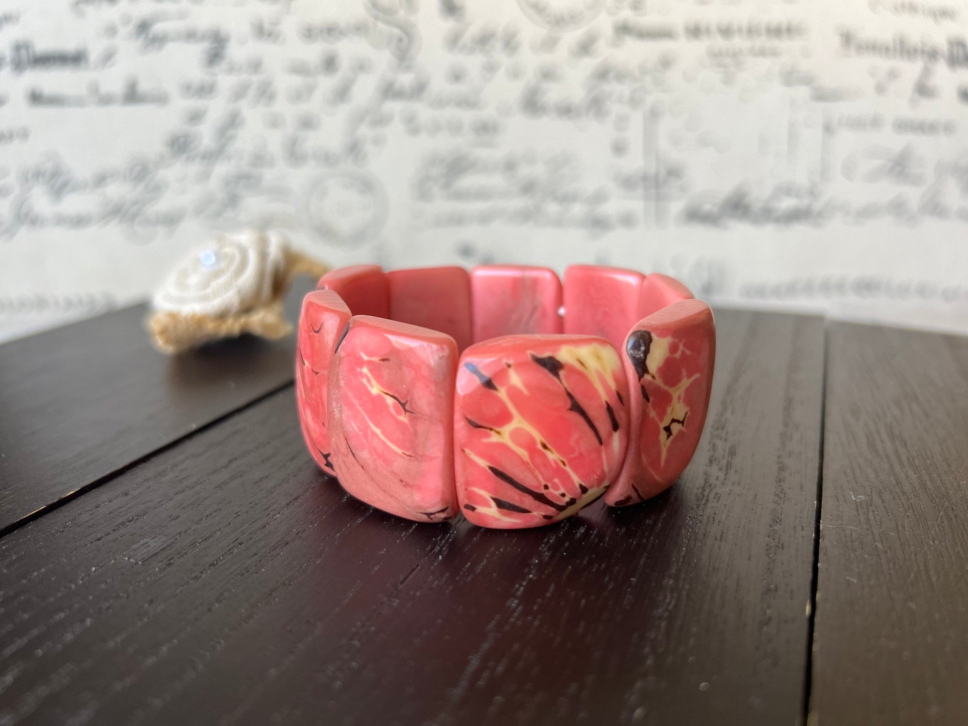 Pink Tagua bracelet Wide cuff bangle Beaded stretch bangle Geometric bangle Organic Big oversized bracelet Anniversary gifts Spring fashion