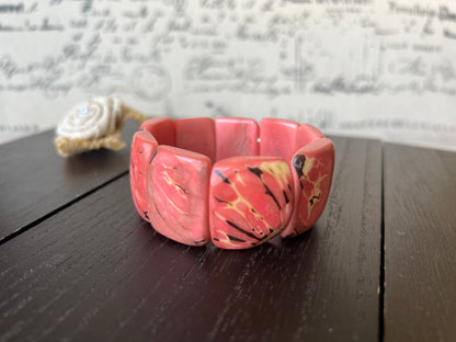 Pink Tagua bracelet Wide cuff bangle Beaded stretch bangle Geometric bangle Organic Big oversized bracelet Anniversary gifts Spring fashion