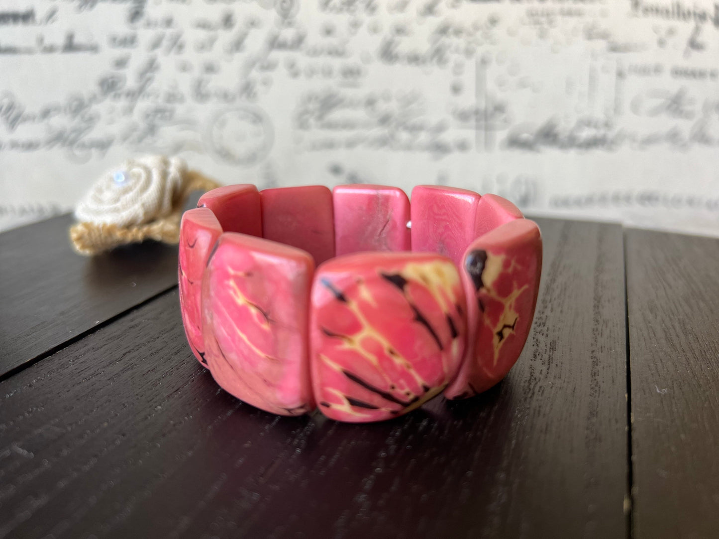 Pink Tagua bracelet Wide cuff bangle Beaded stretch bangle Geometric bangle Organic Big oversized bracelet Anniversary gifts Spring fashion