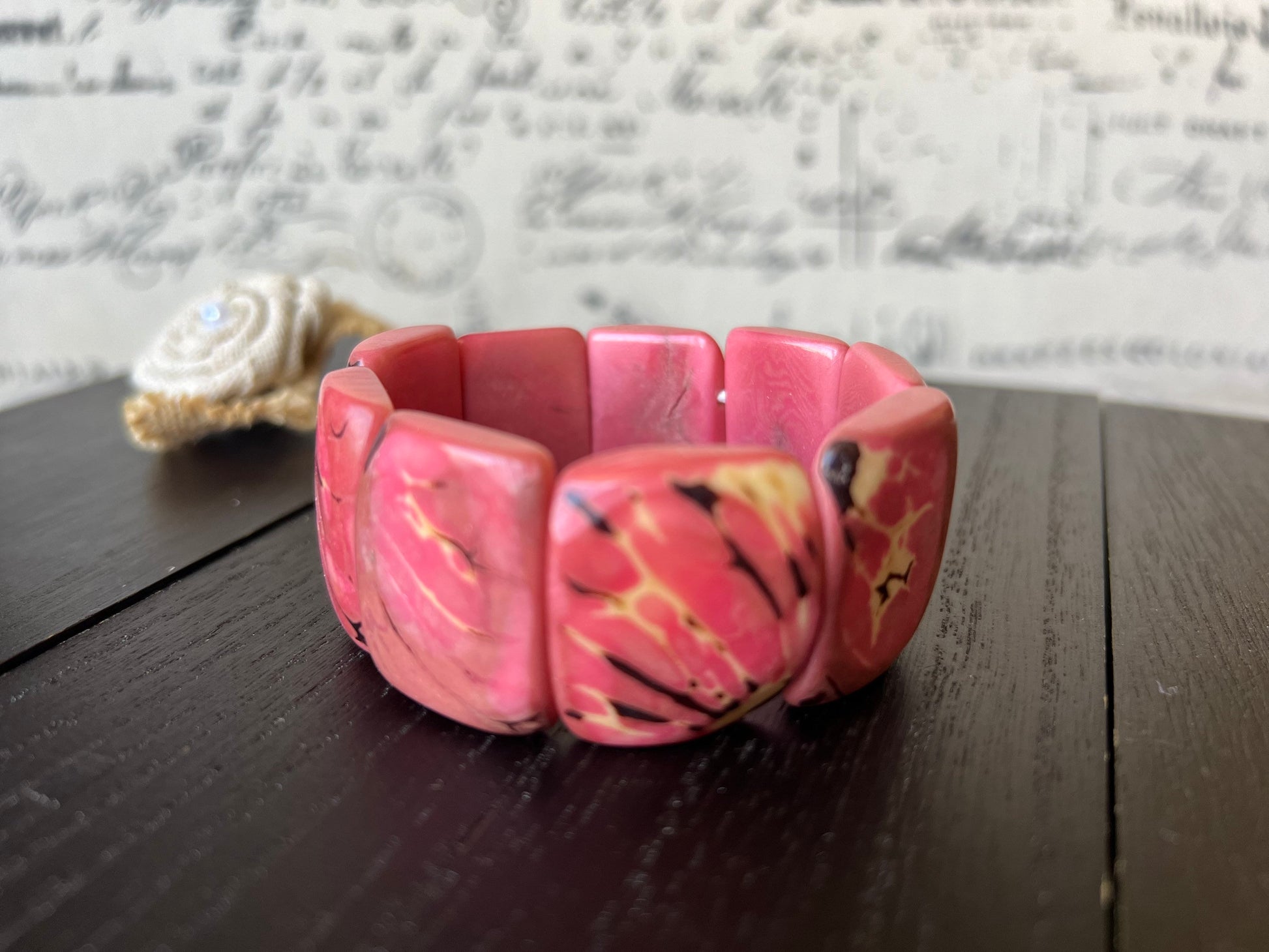 Pink Tagua bracelet Wide cuff bangle Beaded stretch bangle Geometric bangle Organic Big oversized bracelet Anniversary gifts Spring fashion