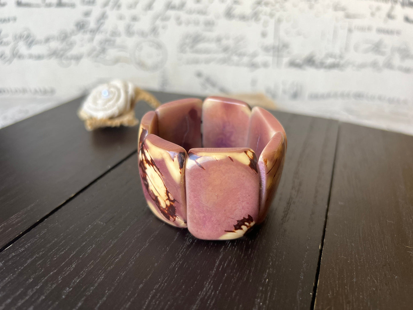 Tagua bracelet Light purple wide cuff bangle Beaded stretch bangle Geometric bangle Big oversized bracelet Anniversary gifts spring fashion