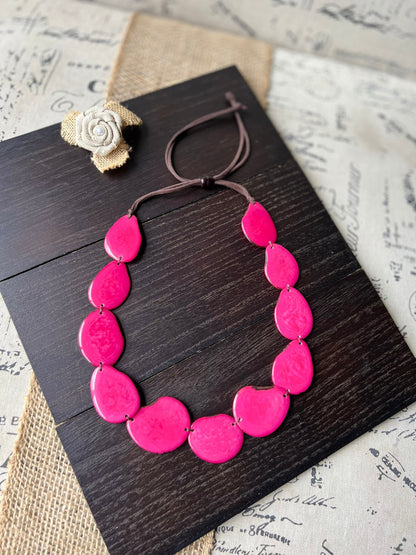 Hot pink single strand big beaded statement necklace Birthday gift for wife Tagua necklace Handmade collar with adjustable leather strap