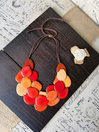Burnt orange huge beaded necklace Tagua nut jewelry Big bold chunky necklace Triple 3 strands bib collar Adjustable leather straps Organic