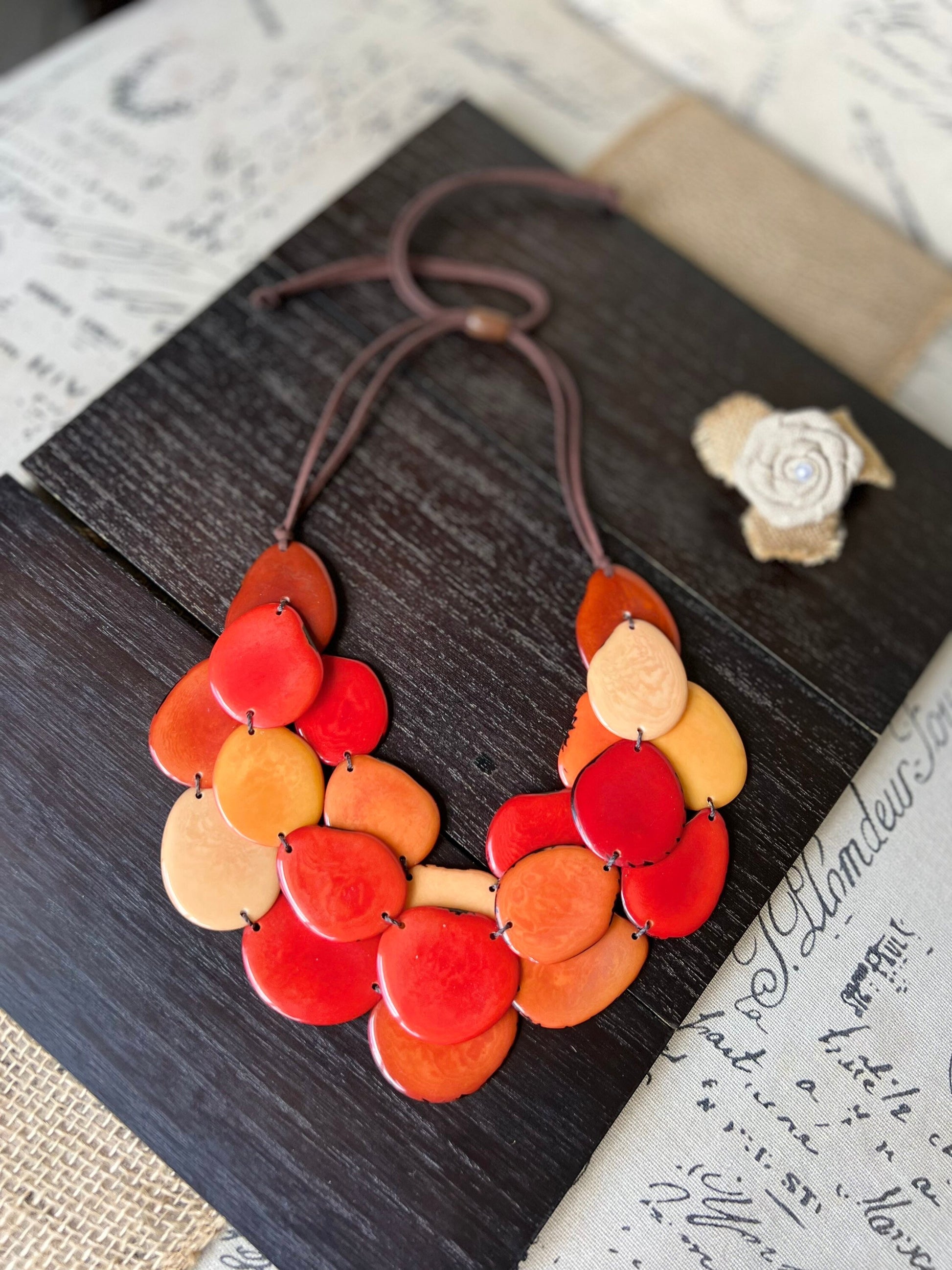 Burnt orange huge beaded necklace Tagua nut jewelry Big bold chunky necklace Triple 3 strands bib collar Adjustable leather straps Organic