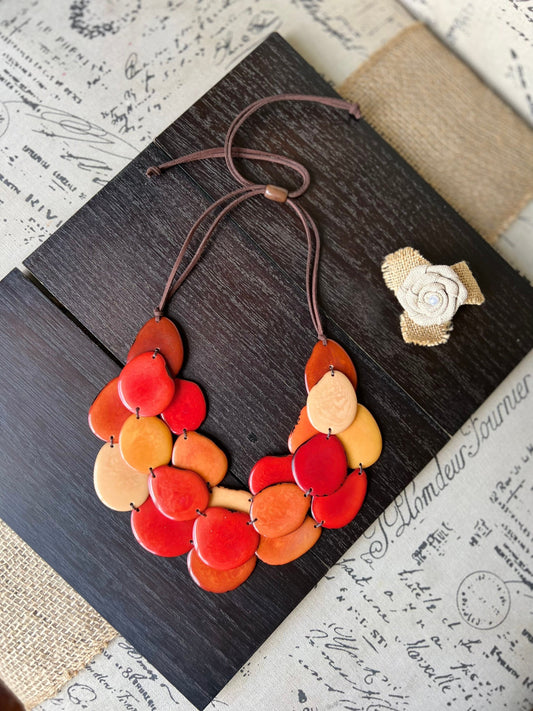 Burnt orange huge beaded necklace Tagua nut jewelry Big bold chunky necklace Triple 3 strands bib collar Adjustable leather straps Organic