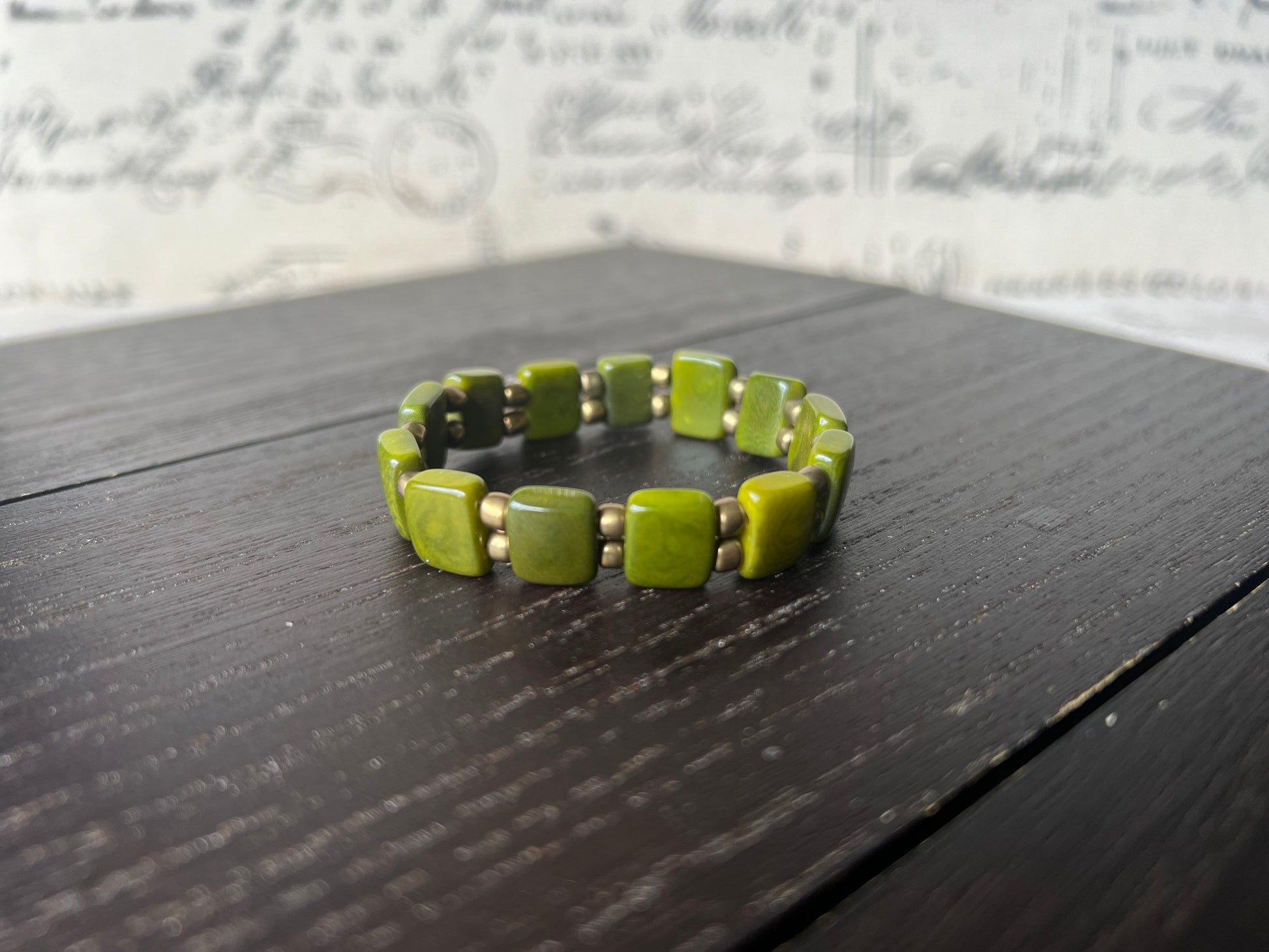 Olive green square bracelet Statement stretch bangle Tagua jewelry Elastic adjustable bracelet Fall fashion Beach trends Christmas stockings