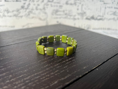 Olive green square bracelet Statement stretch bangle Tagua jewelry Elastic adjustable bracelet Fall fashion Beach trends Christmas stockings