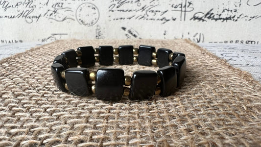 Black square bracelet Statement stretch bangle Tagua jewelry Elastic adjustable bracelet Fall fashion trends Christmas stocking stuffers