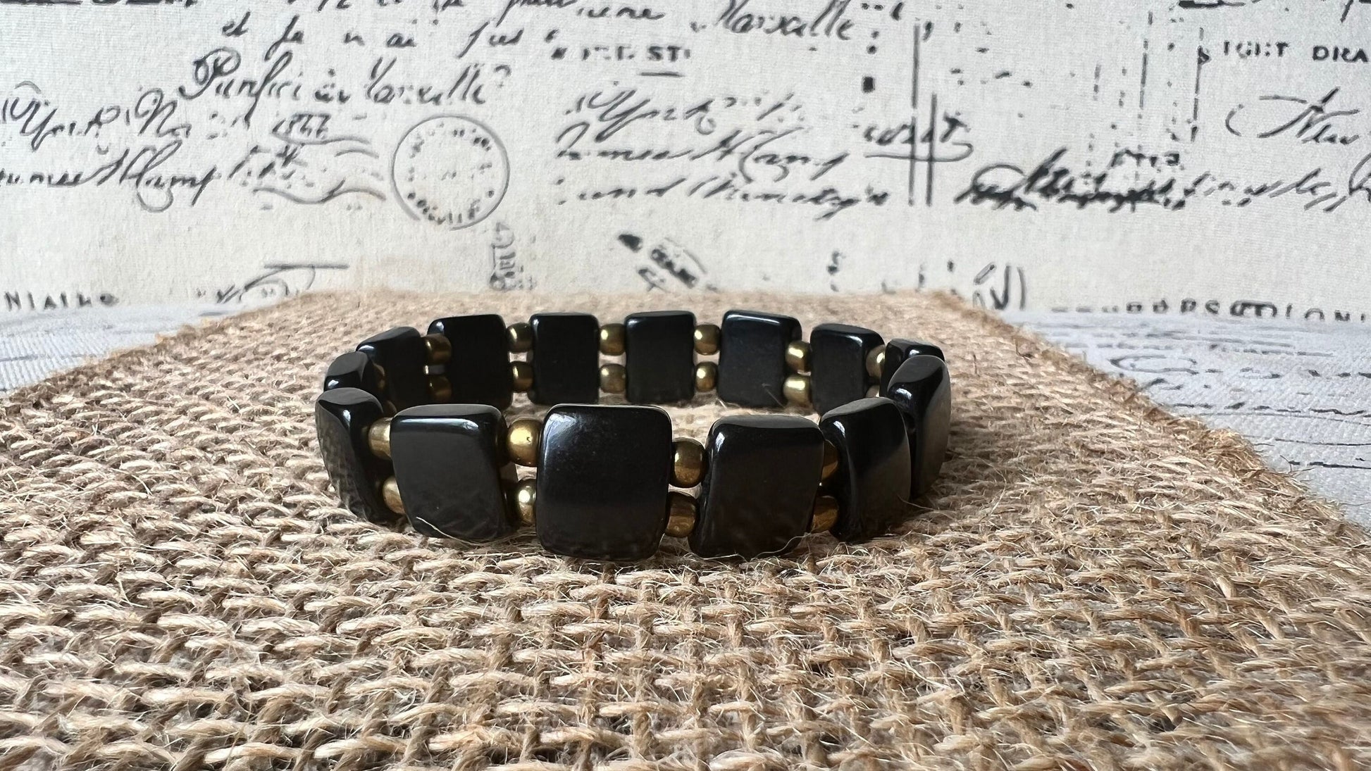 Black square bracelet Statement stretch bangle Tagua jewelry Elastic adjustable bracelet Fall fashion trends Christmas stocking stuffers