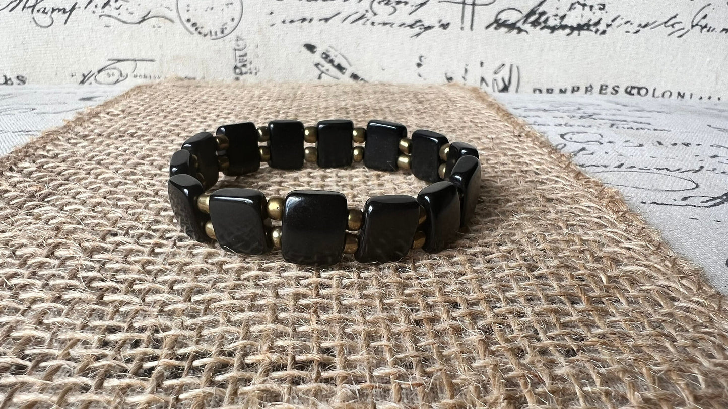 Black square bracelet Statement stretch bangle Tagua jewelry Elastic adjustable bracelet Fall fashion trends Christmas stocking stuffers