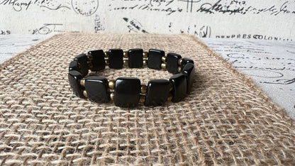 Black square bracelet Statement stretch bangle Tagua jewelry Elastic adjustable bracelet Fall fashion trends Christmas stocking stuffers