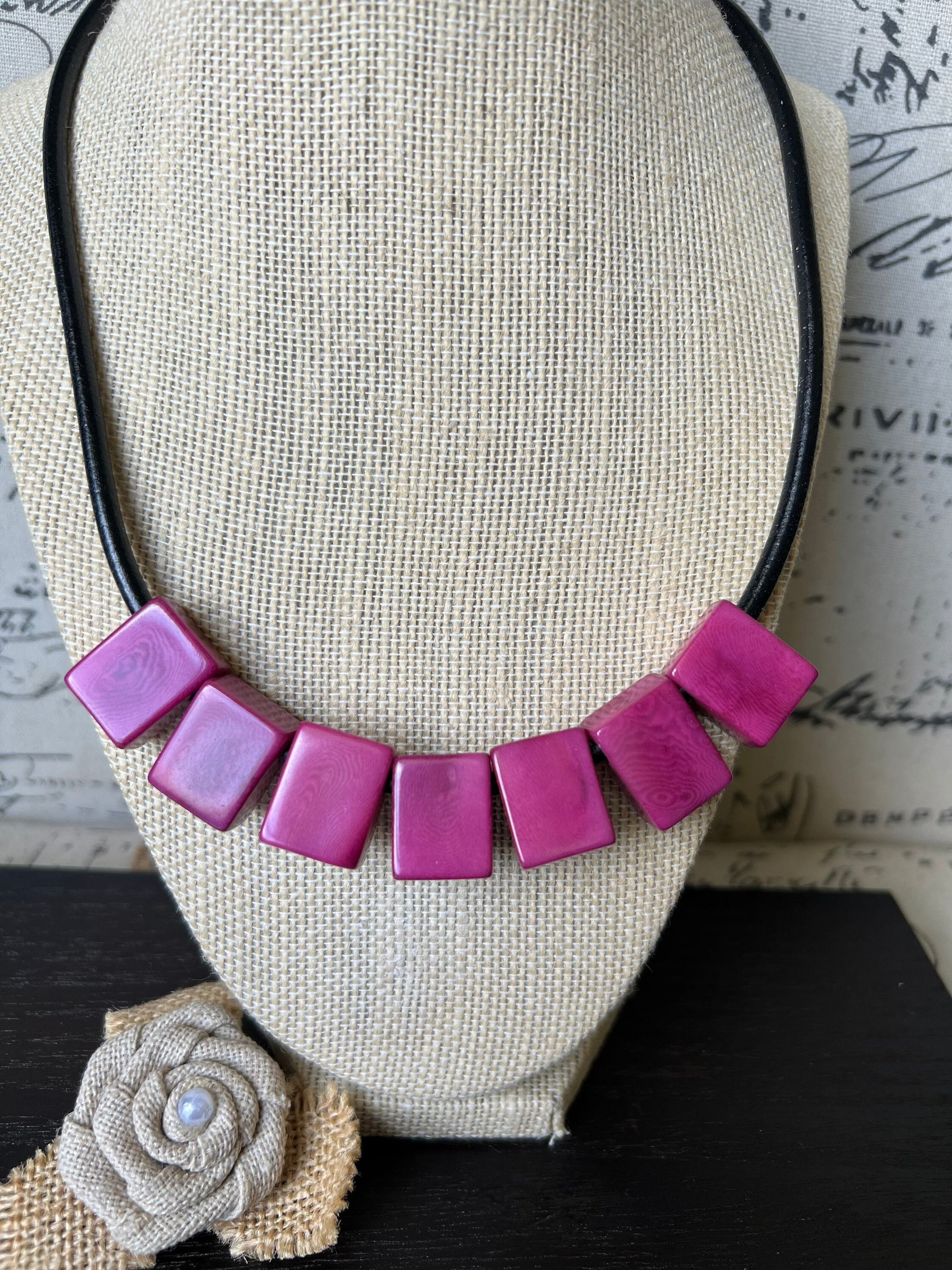 Mothers day gift from daughter Purple magenta necklace Tagua Statement choker Round faux leather cord with magnetic clasp Spring jewelry