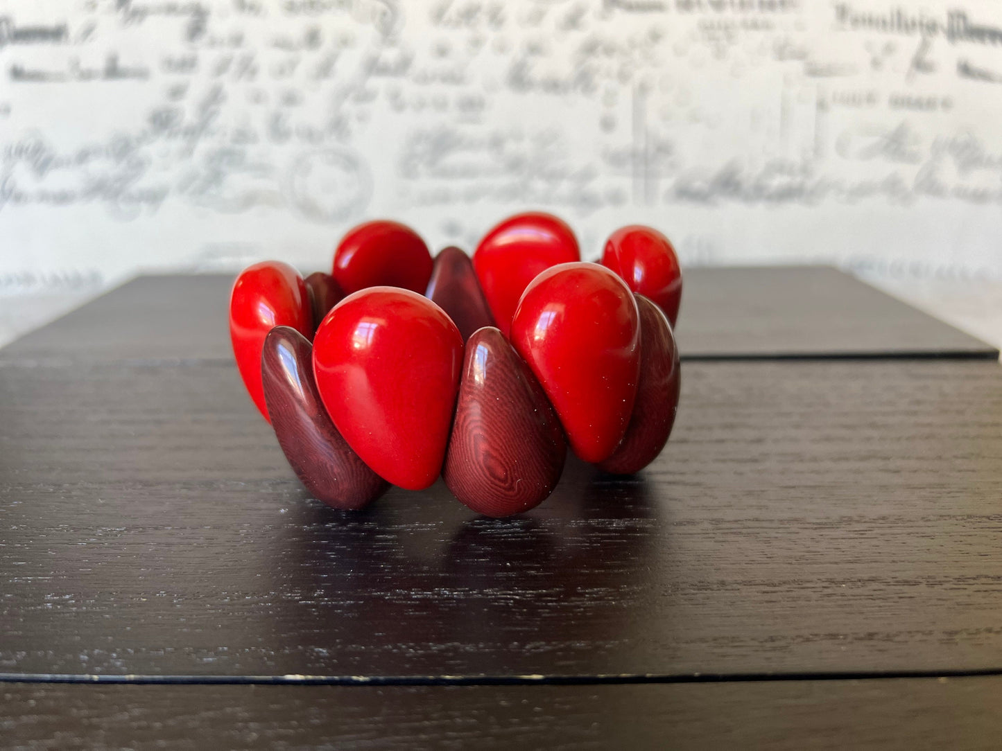 Maroon red wide cuff bracelet Tagua jewelry Fall fashion trends Big and bold funky boho bracelets Beaded stretch bangle Christmas gifts