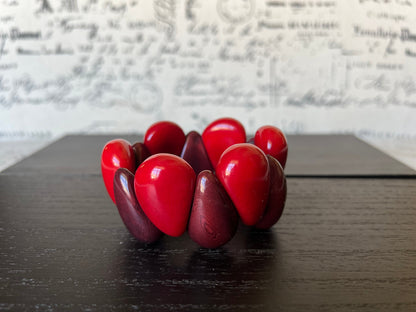 Maroon red wide cuff bracelet Tagua jewelry Fall fashion trends Big and bold funky boho bracelets Beaded stretch bangle Christmas gifts