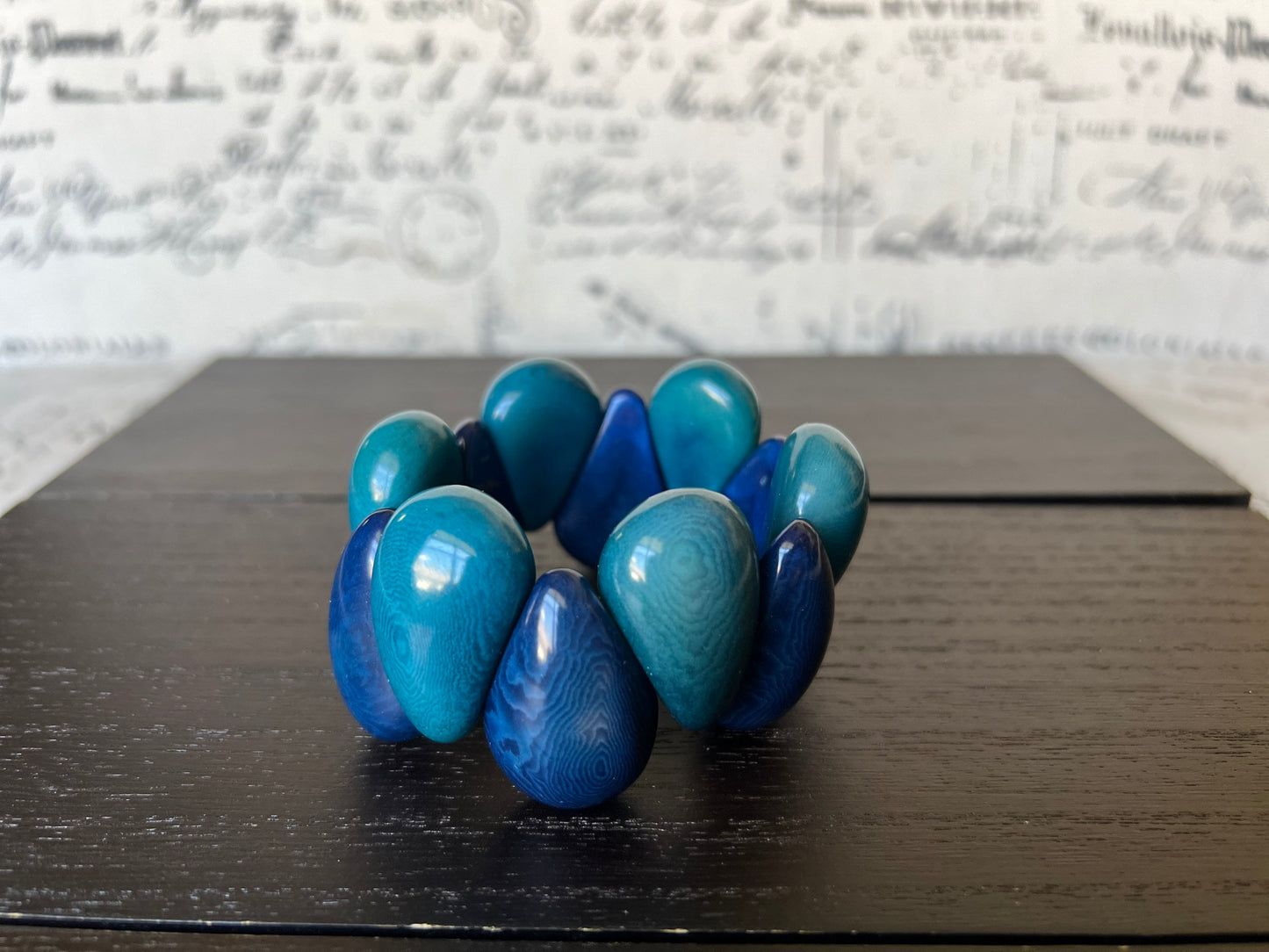 Blue wide cuff bracelet Tagua jewelry Summer style trend Beach fashion trend Big and bold funky boho bracelets Beaded stretch bangle